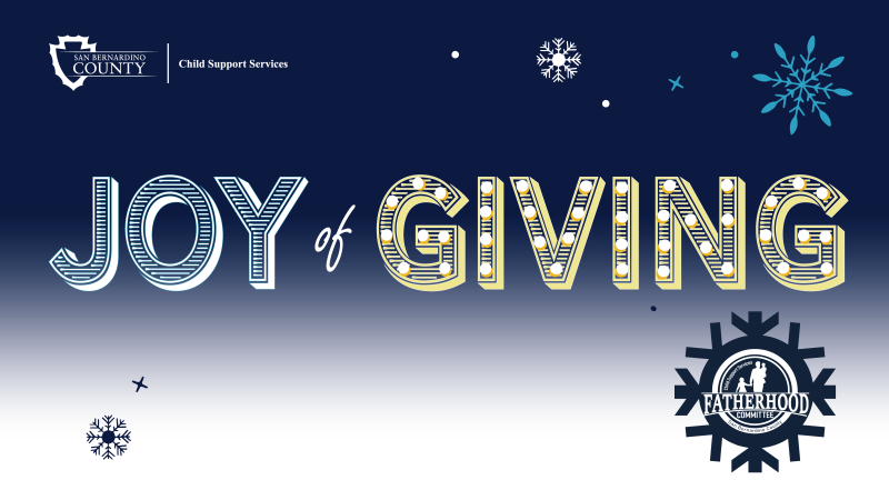 Blue and black background, snowflakes falling, County of San Bernardino Department of Child Support Services logo. Center of image the title,