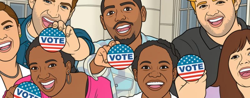 Multiple high school students holding vote buttons smiling excited.