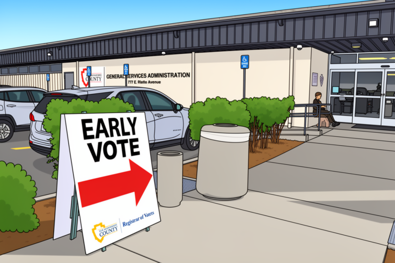 Early vote sign with a red arrow pointing to the Registrar of Voters office.