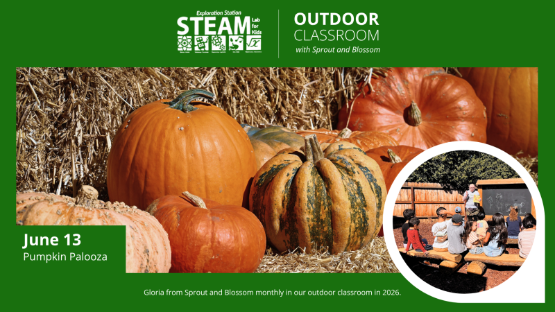 utdoor Classroom flyer showing pumpkins and hay bales for the June 13 “Pumpkin Palooza” event with children learning outdoors.