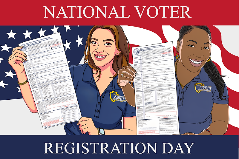 Two San Bernardino County Employees holding up voting registration cards and smiling