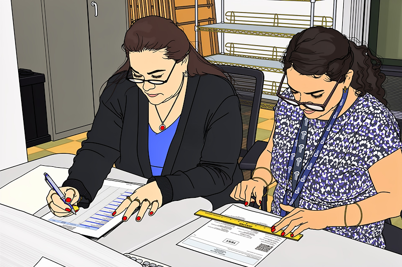 Two county employees sitting next to each other reading two documents side by side. One employee is marking her document with a pen; the other employee is keeping track by using a ruler.