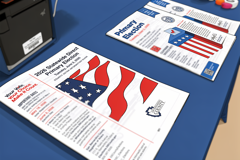 County Voter Information Guide with white, red, blue and white flag laid out on a table next to State Voter Information Guide with a ballot box on it.