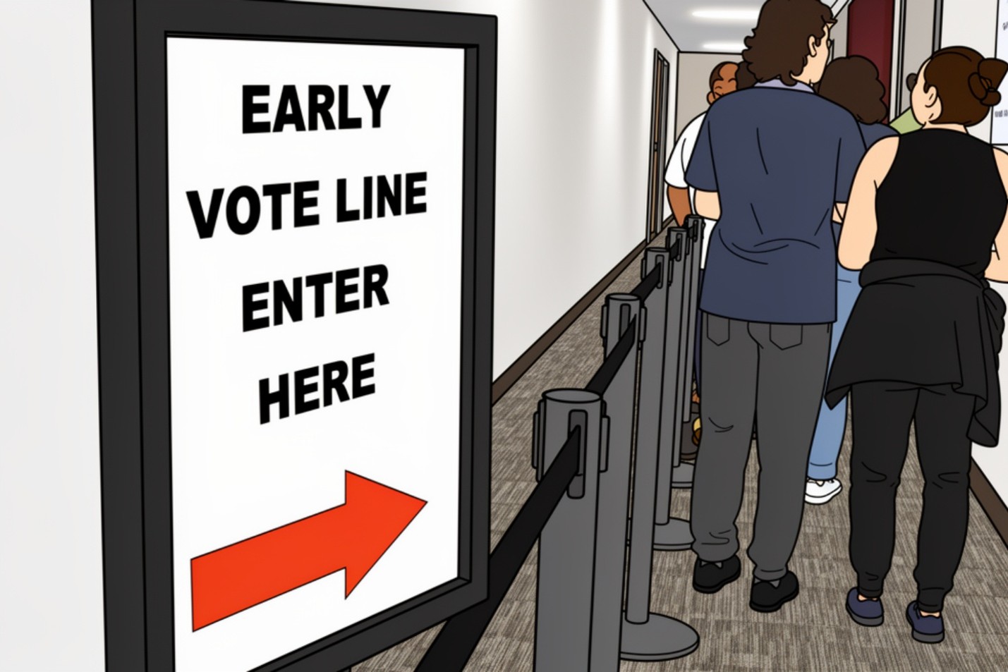 Illustration showing voters standing in an early voting line inside a hallway. A large sign in the foreground reads “Early Vote Line Enter Here” with a red arrow pointing toward the line entrance. Black stanchions guide voters through the designated line.